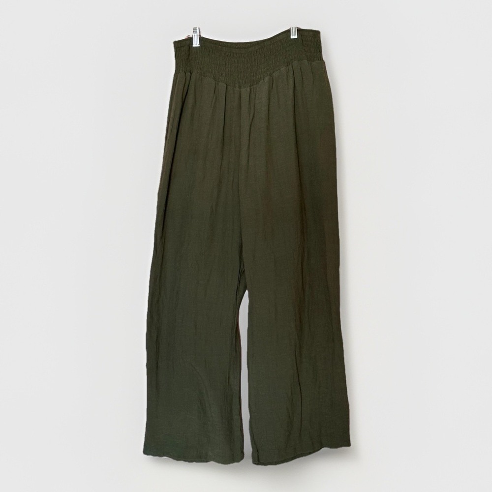 Nanette Lepore Gauze Wide Leg Pants Womens L Olive Green Boho Resort Flowy Light